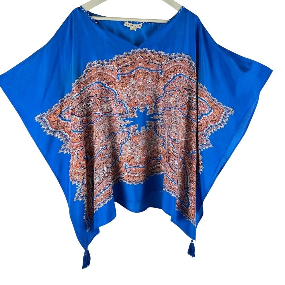 Marrakech Silk Poncho Top Blue Paisley Medallion Tassel V-Neck Blouse Large L